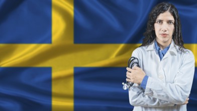 Swedish national health system, Medical professional on Sweden flag background