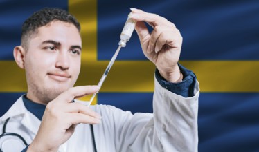 Doctor holding syringe on Sweden flag background. Medical professional holding syringe with Swedish
