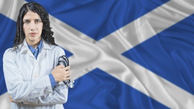 Scottish national health system, Medical professional on Scotland flag background