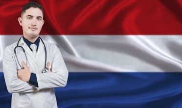 Portrait of medical professional on Netherlands flag background. Dutch national health system