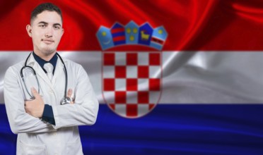 Portrait of medical professional on Croatia flag background. Croatian national health system