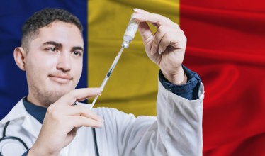 Doctor holding syringe on Romania flag background. Medical professional holding syringe with