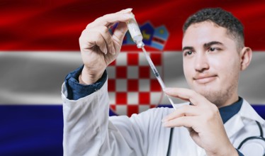 Doctor holding syringe on Croatia flag background. Medical professional holding syringe with