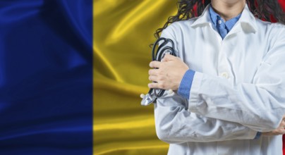 Healthcare professional with Romania flag background. Professional doctor holding stethoscope on