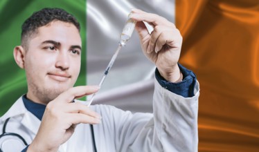 Doctor holding syringe on Ireland flag background. Medical professional holding syringe with Irish