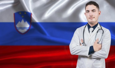 Portrait of medical professional on Slovenia flag background. Slovenian national health system
