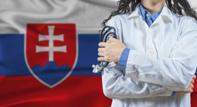 Healthcare professional with Slovakia flag background. Professional doctor holding stethoscope on