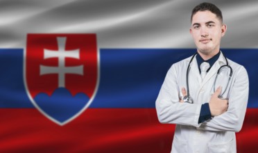 Portrait of medical professional on Slovakia flag background. Slovak national health system