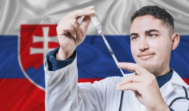 Doctor holding syringe on Slovakia flag background. Medical professional holding syringe with