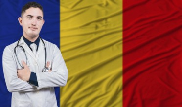 Portrait of medical professional on Romania flag background. Romanian national health system