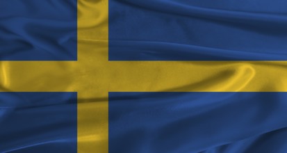 Flag of Sweden with fabric textured background. Close up of National flag of Sweden with realistic