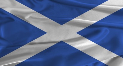 Flag of Scotland with fabric textured background. Close up of National flag of Scotland with