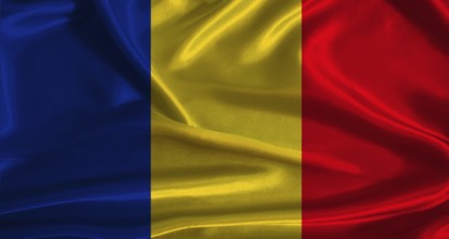 Romania flag with cloth textured background. National flag of Romania with realistic texture