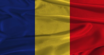 Flag of Romania with fabric textured background. Close up of National flag of Romania with