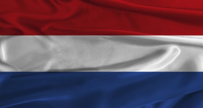 Flag of the Netherlands with fabric textured background. Close up of National flag of the