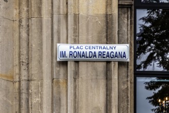 Street shil in honor of Ronald Reagan, Nova Huta, Socialist Realism district, Krakow, Poland