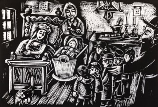 Prayer in the house of a newborn, woodcut by Ilia Schor, Old Synagogue — Museum of the Jewish
