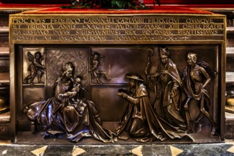 Tomb of Cardinal Fryderyk Jagiellonczyk, 1510, relief depicting kneeling cardinal in front of the