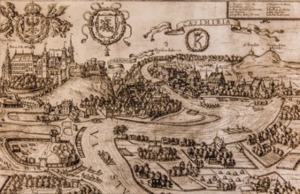 Map of Kazimierz, copper engraving, 1608, Kazimierz Jewish Quarter, historically significant,