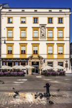 Caffe am Rynek with Cloth Hall, from 13th century, Main Market Square, landmark of the city,