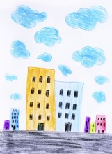 Naive illustration, children's drawing, colorful skyscrapers with clouds, Austria
