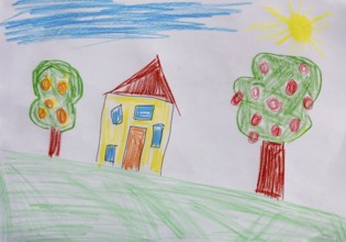 Naive illustration, children's drawing, residential building in the garden with fruit trees,