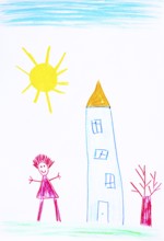 Naive illustration, children's drawing, happy woman standing in front of a residential building,