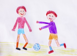 Naive illustration, children's drawing, two children playing soccer, Austria
