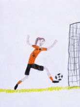 Naive illustration, children's drawing, girl playing soccer, soccer Austria