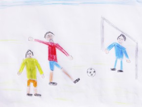 Naive illustration, children's drawing, children playing soccer in front of the goal, Austria