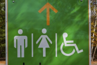 White painted outlines of adult male, female and person in wheelchair on green pictogram sign