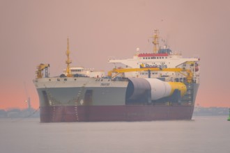 A semi-submersible ship is towed from the Weser to the North Sea, Bremerhaven, Bremen, Germany