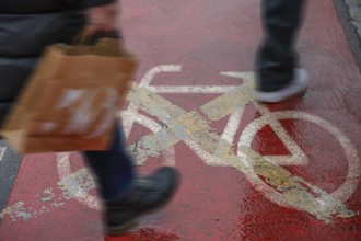 Closed red marked bicycle path, old town of Nuremberg, Middle Franconia, Bavaria, Germany