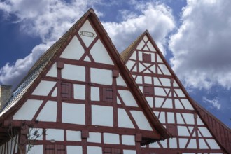 Timbered gables of historic farmhouses, built in 1744, Neunkirchen near Lauf an der Pegnitz, Middle
