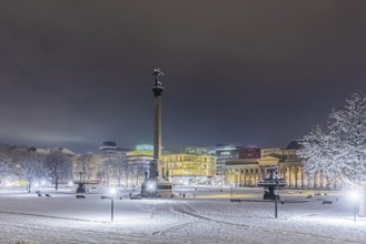 Winter in Stuttgart. It snowed overnight and the city is wintry white early in the morning. Palace