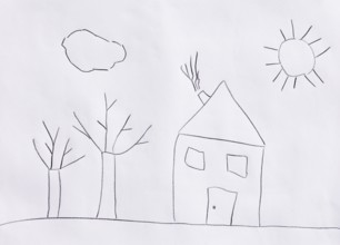 Naive illustration, children's drawing, house in the garden with trees and sun, Austria