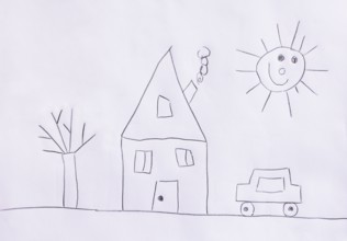 Naive illustration, children's drawing, house in the garden with car and sun, Austria