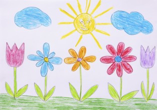 Naive illustration, children's drawing, colorful flower meadow with sun and clouds, Austria