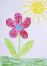 Naive illustration, children's drawing, flower in the meadow with sun, Austria