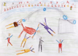 Naive illustration, children's drawing, children playing soccer, Austria