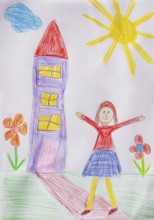 Naive illustration, children's drawing, happy woman standing in front of a residential building,