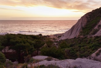 Scala dei Turchi chalk cliffs, coastline at sunset, Realmonte, Agrigento, Sicily, south coast,