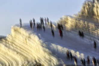 Terraced chalk cliffs Scala dei Turchi, anonymous walkers on Turkish steps, illustration, motion