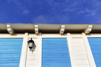Beach house, blue and white, facade detail with lantern, Lido Scala dei Turchi, Realmonte,