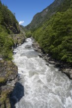 Wild flowing river in a mountainous, wooded landscape under blue sky, Enguri River near Khaishi,