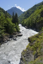 Wide river in the midst of mountainous landscape, Enguri River near Khaishi, Mingrelia and Upper