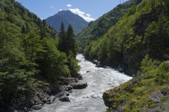 A picturesque river snakes through a wooded valley, Enguri River near Khaishi, Mingrelia region and