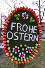 29.03.2018: Festive Easter decoration featuring colorful eggs and egg shape. Faurndau, Goeppingen,