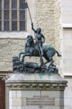 Sculpture of Saint George with dragons in front of the Reformed Church in Wolfsgasse, Cluj-Napoca,