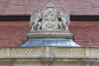 The coat of arms of the Bánffy family at Bánffy Castle, Baroque building from the 18th century,